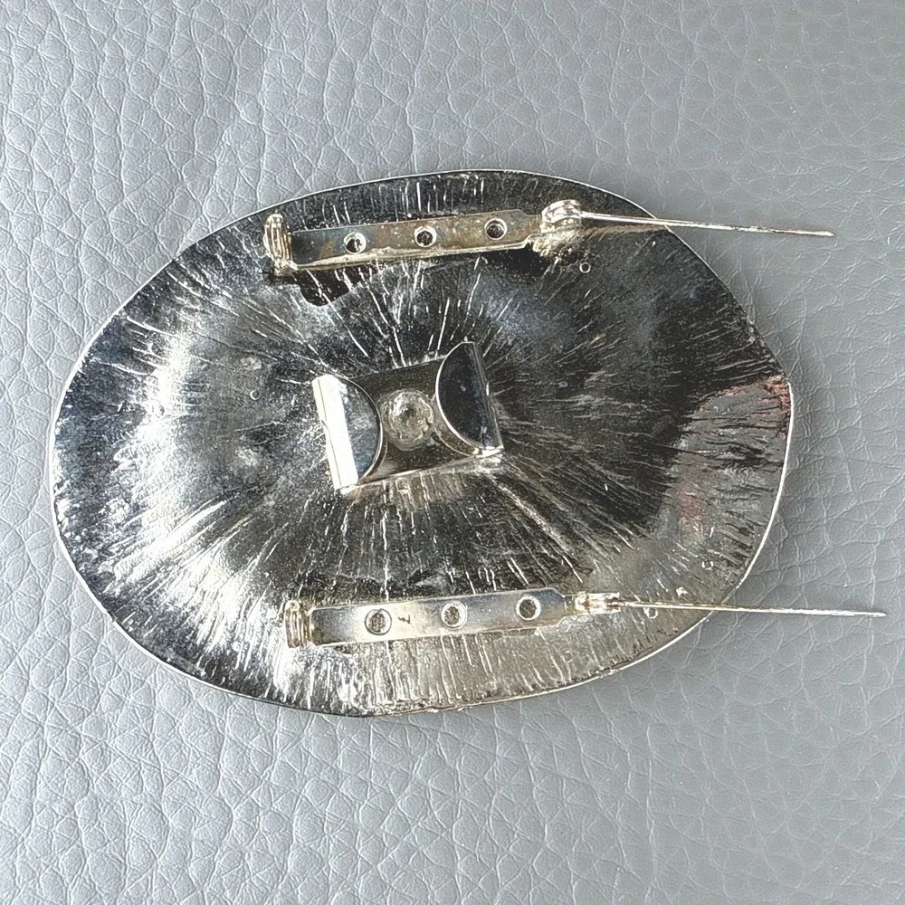 Vintage‎ Belt Buckle Brooch Brutalist Abstract Modernist Silver Tone Oval Pin